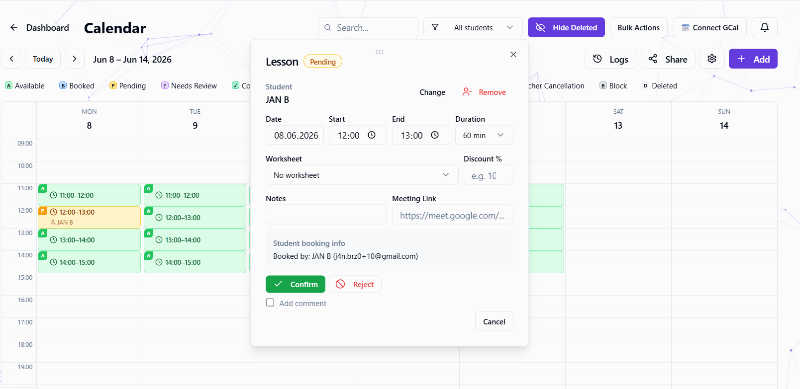Pending lesson booking modal with confirm and reject controls