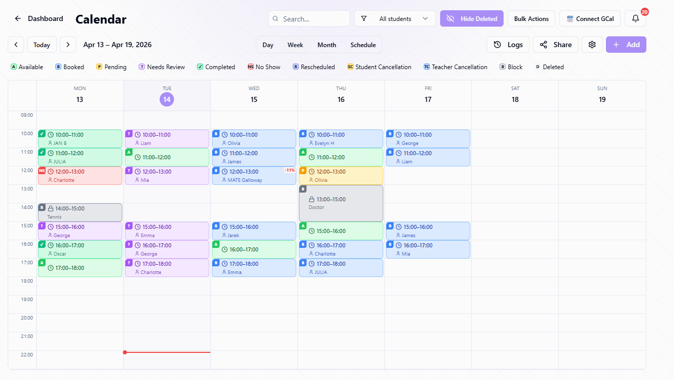 Teacher calendar with availability, booked lessons, pending bookings, and completed lessons