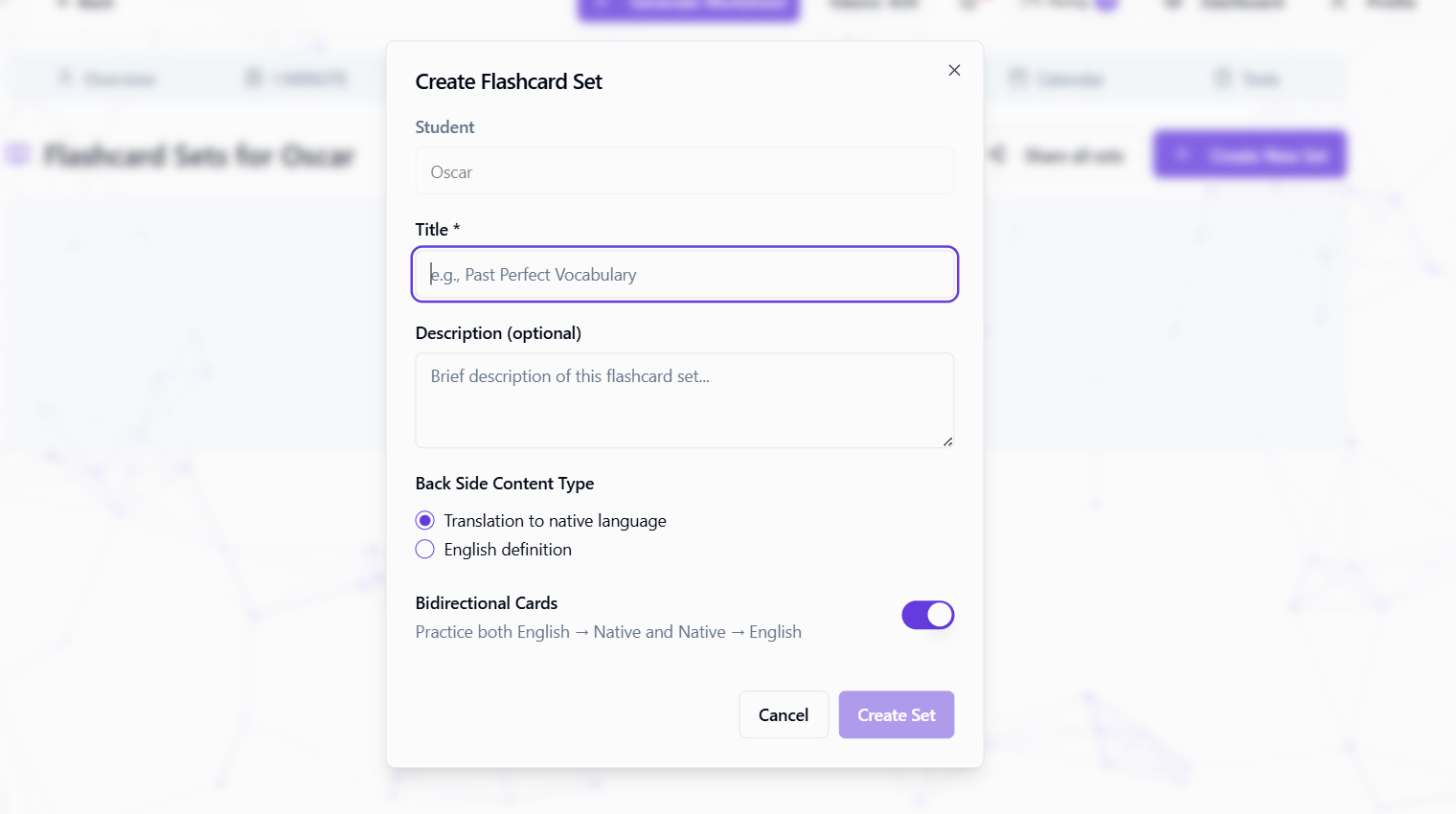 Create Flashcard Set modal with bidirectional card settings