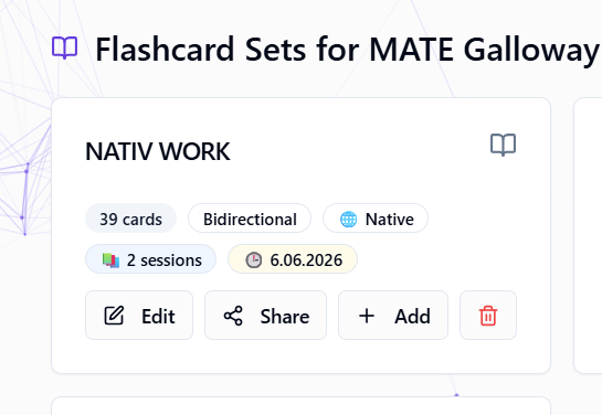Flashcard sets page with student-specific cards and study sessions