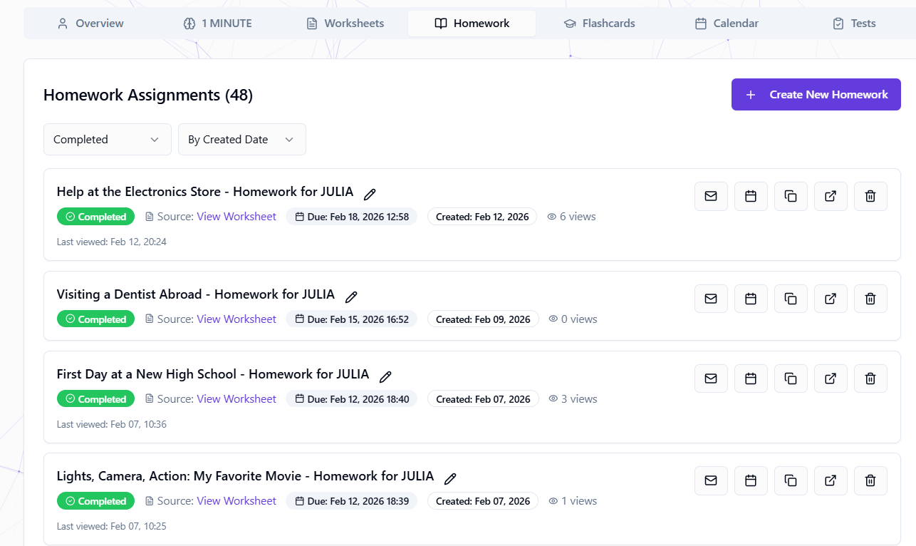 Homework assignments list with completed homework and source worksheet links