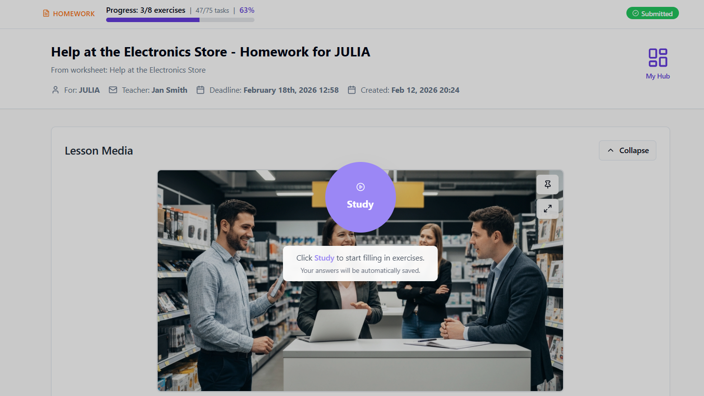 Student homework page with submitted exercises and progress