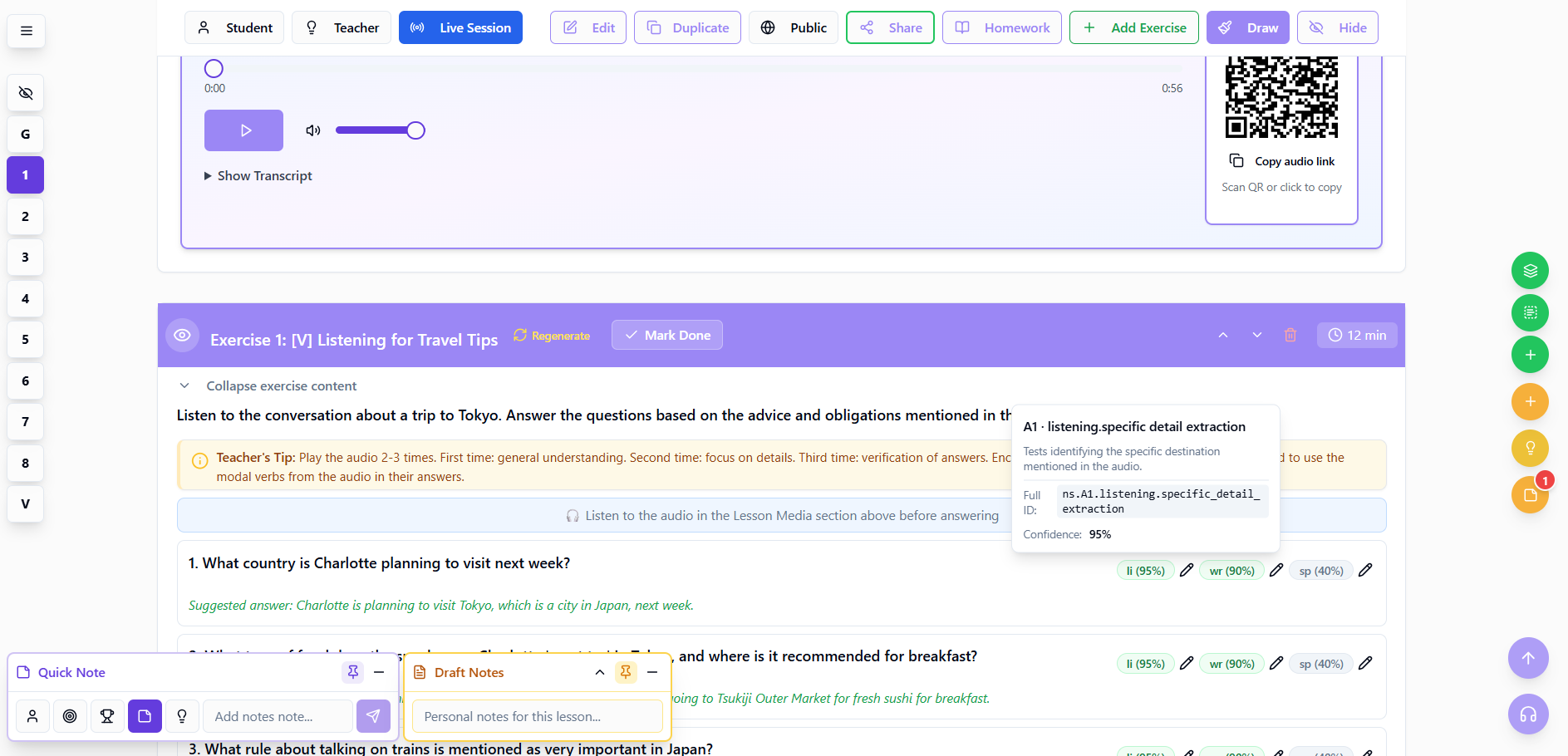 Live Session teacher worksheet with answer evidence and nano-skill tooltip