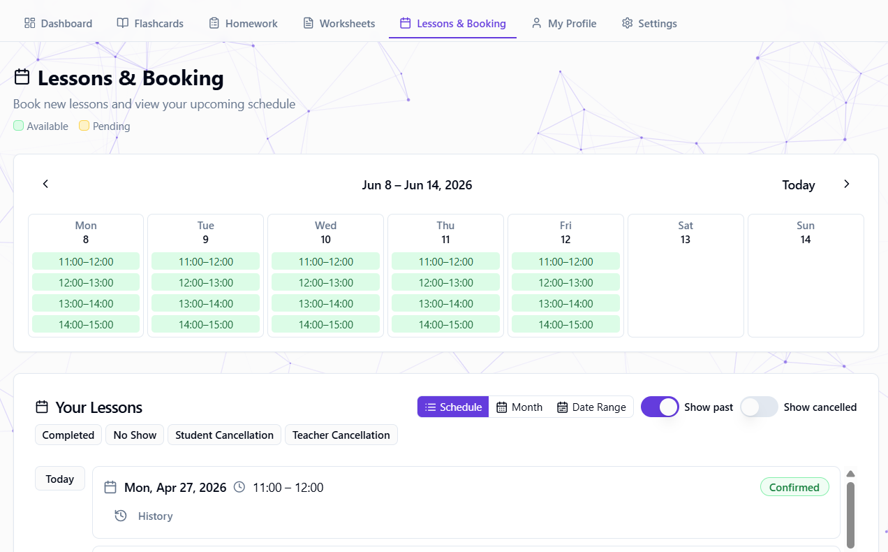 Student Hub lessons and booking calendar with available and pending slots