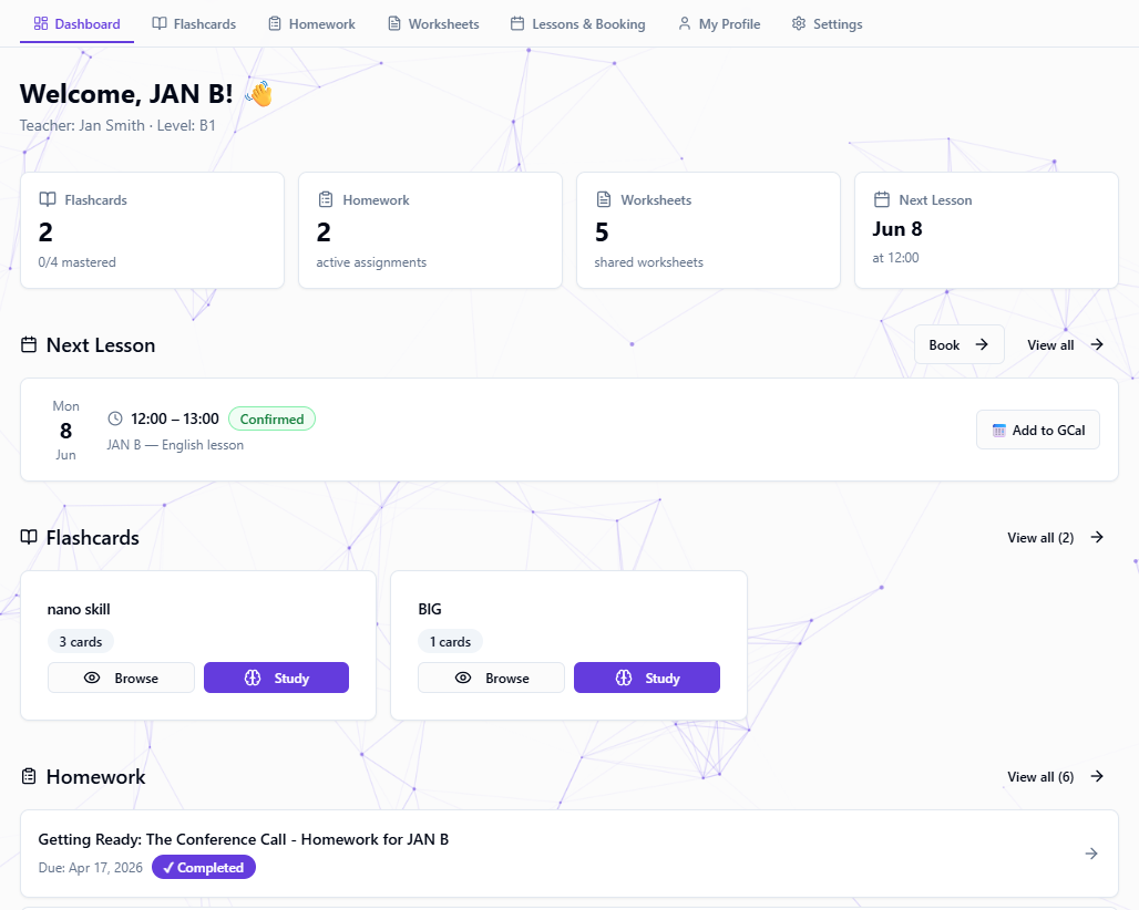 Student Hub dashboard with worksheets, homework, flashcards, and next lesson