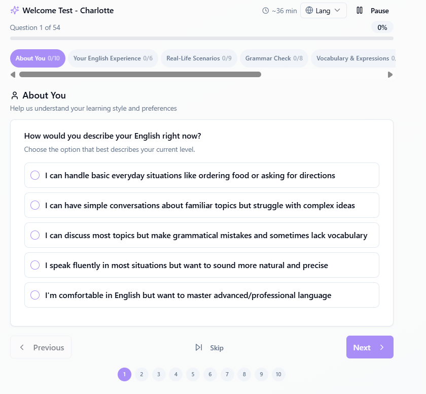 Welcome Test question screen with sections and progress